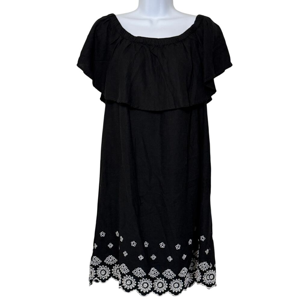 Old Navy Black Linen Blend Dress L Off Shoulder Embroidered Boho Floral